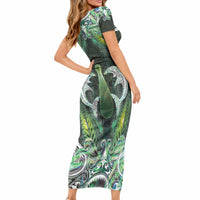 New Zealand Mere Pounamu Weapon Short Sleeve Bodycon Dress Aotearoa Mango Paua Shell Maori Pattern LT22 - Polynesian Pride
