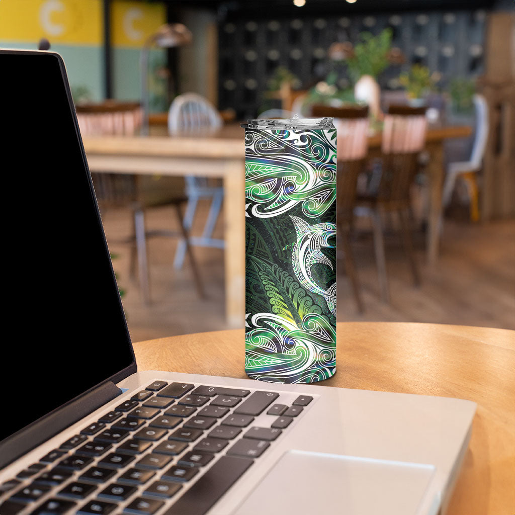 New Zealand Mere Pounamu Weapon Skinny Tumbler Aotearoa Mango Paua Shell Maori Pattern