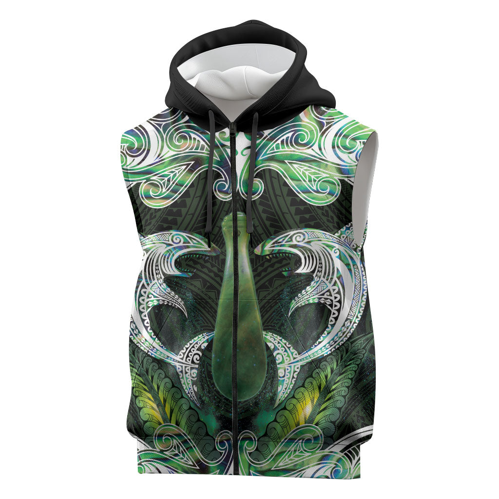 New Zealand Mere Pounamu Weapon Sleeveless Zip Hoodie Aotearoa Mango Paua Shell Maori Pattern