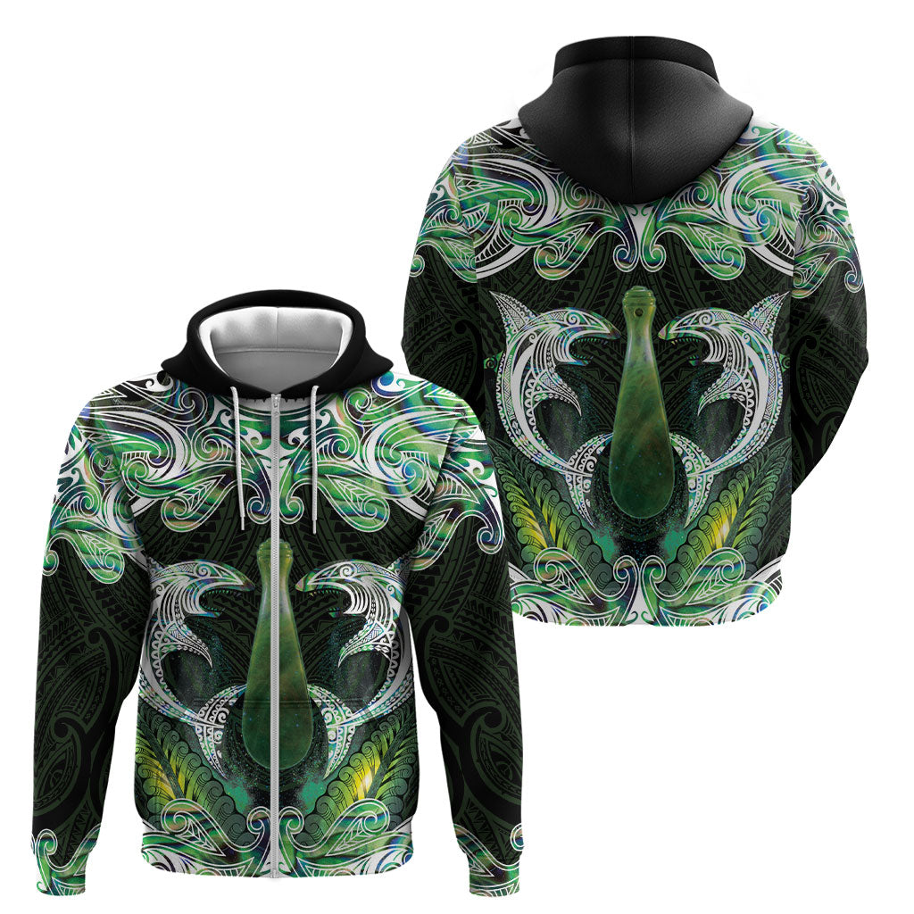 New Zealand Mere Pounamu Weapon Zip Hoodie Aotearoa Mango Paua Shell Maori Pattern