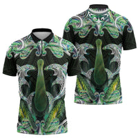 New Zealand Mere Pounamu Weapon Zipper Polo Shirt Aotearoa Mango Paua Shell Maori Pattern