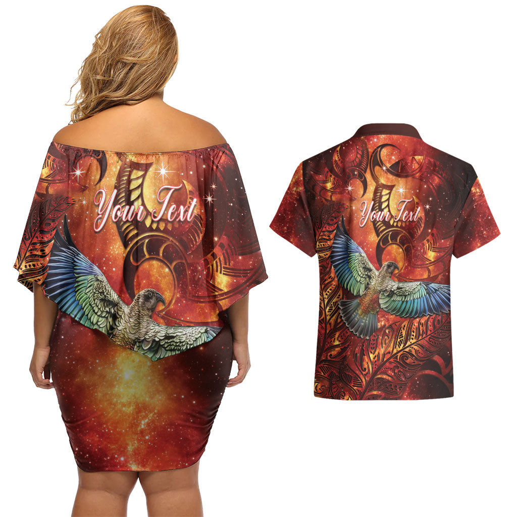 New Zealand Kea Bird Matariki Personalised Couples Matching Off Shoulder Short Dress and Hawaiian Shirt Silver Fern Maori Pattern