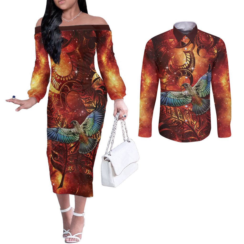 New Zealand Kea Bird Matariki Personalised Couples Matching Off The Shoulder Long Sleeve Dress and Long Sleeve Button Shirt Silver Fern Maori Pattern