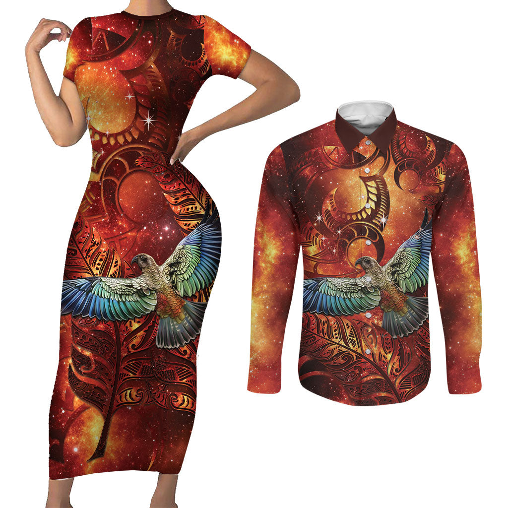 New Zealand Kea Bird Matariki Personalised Couples Matching Short Sleeve Bodycon Dress and Long Sleeve Button Shirt Silver Fern Maori Pattern