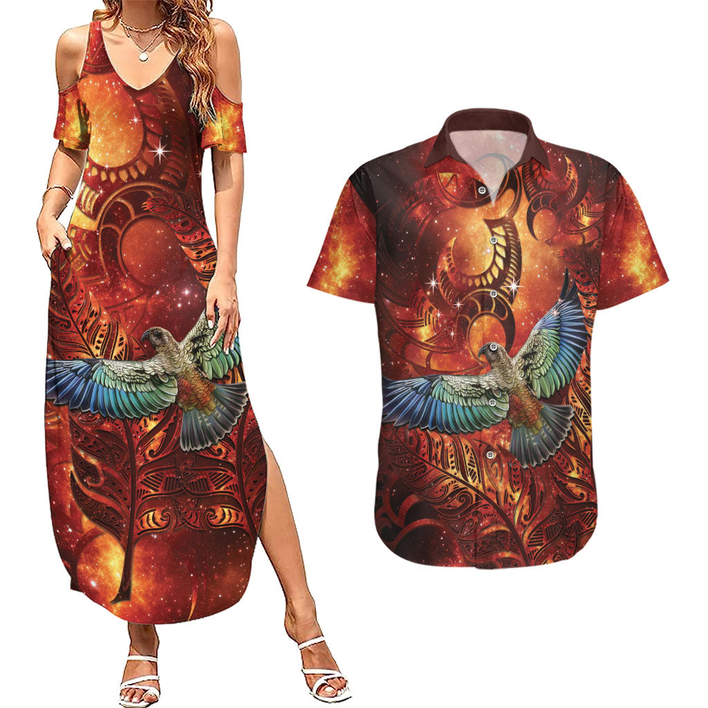 New Zealand Kea Bird Matariki Personalised Couples Matching Summer Maxi Dress and Hawaiian Shirt Silver Fern Maori Pattern