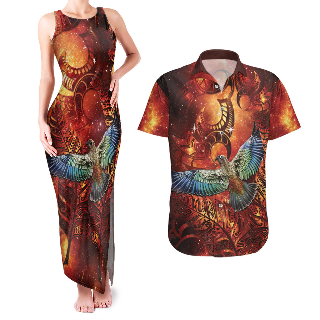 New Zealand Kea Bird Matariki Personalised Couples Matching Tank Maxi Dress and Hawaiian Shirt Silver Fern Maori Pattern