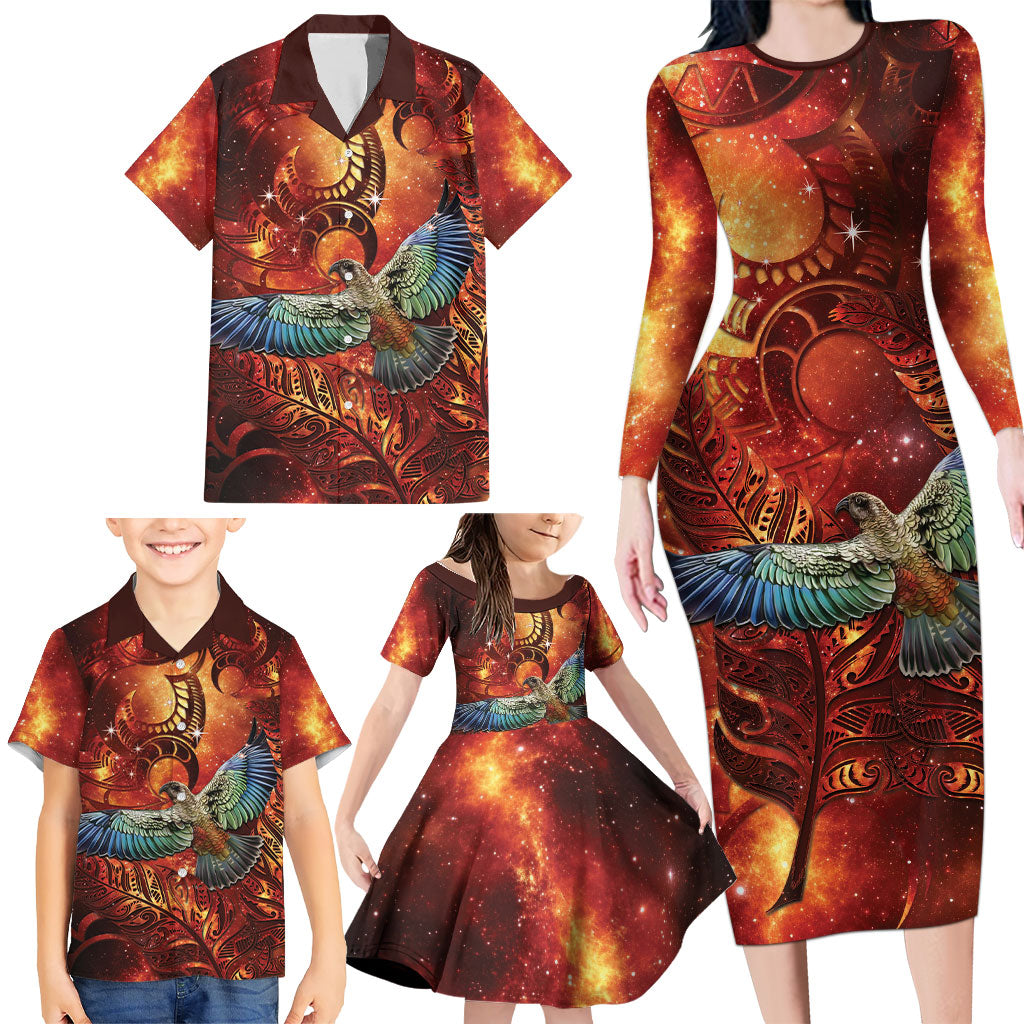 New Zealand Kea Bird Matariki Personalised Family Matching Long Sleeve Bodycon Dress and Hawaiian Shirt Silver Fern Maori Pattern