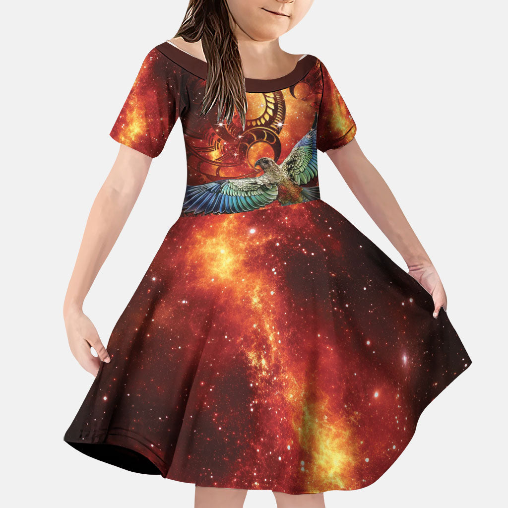 New Zealand Kea Bird Matariki Personalised Family Matching Off The Shoulder Long Sleeve Dress and Hawaiian Shirt Silver Fern Maori Pattern