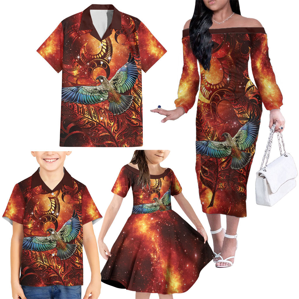 New Zealand Kea Bird Matariki Personalised Family Matching Off The Shoulder Long Sleeve Dress and Hawaiian Shirt Silver Fern Maori Pattern