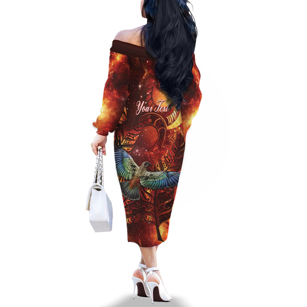 New Zealand Kea Bird Matariki Personalised Family Matching Off The Shoulder Long Sleeve Dress and Hawaiian Shirt Silver Fern Maori Pattern