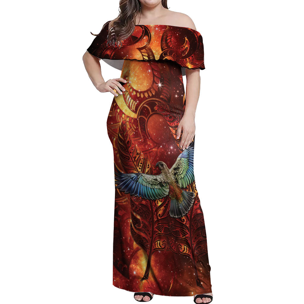 New Zealand Kea Bird Matariki Personalised Off Shoulder Maxi Dress Silver Fern Maori Pattern LT22 Women Orange - Polynesian Pride
