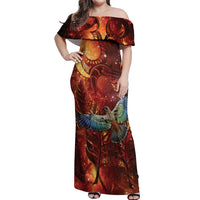 New Zealand Kea Bird Matariki Personalised Off Shoulder Maxi Dress Silver Fern Maori Pattern LT22 Women Orange - Polynesian Pride