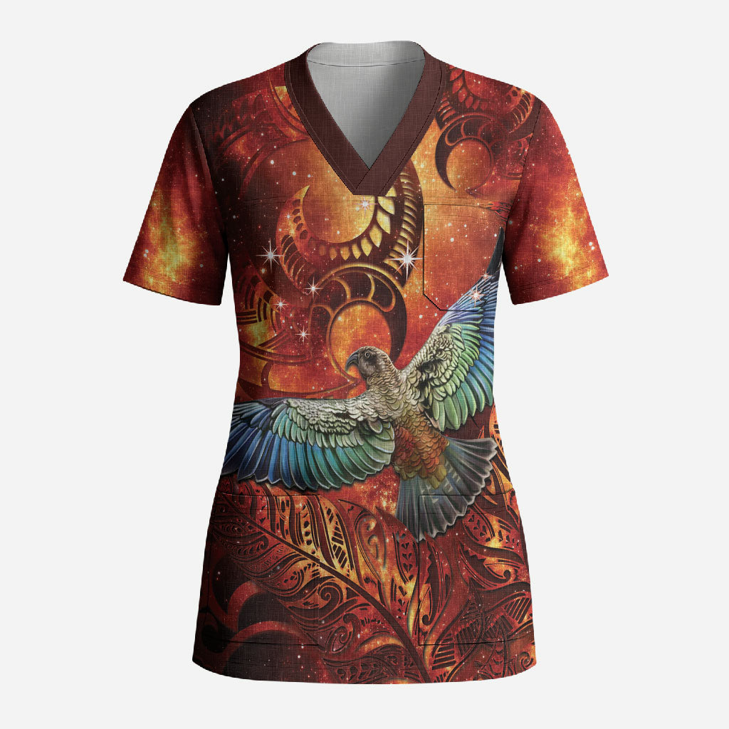 New Zealand Kea Bird Matariki Personalised Scrub Top Silver Fern Maori Pattern LT22 Adult Orange - Polynesian Pride