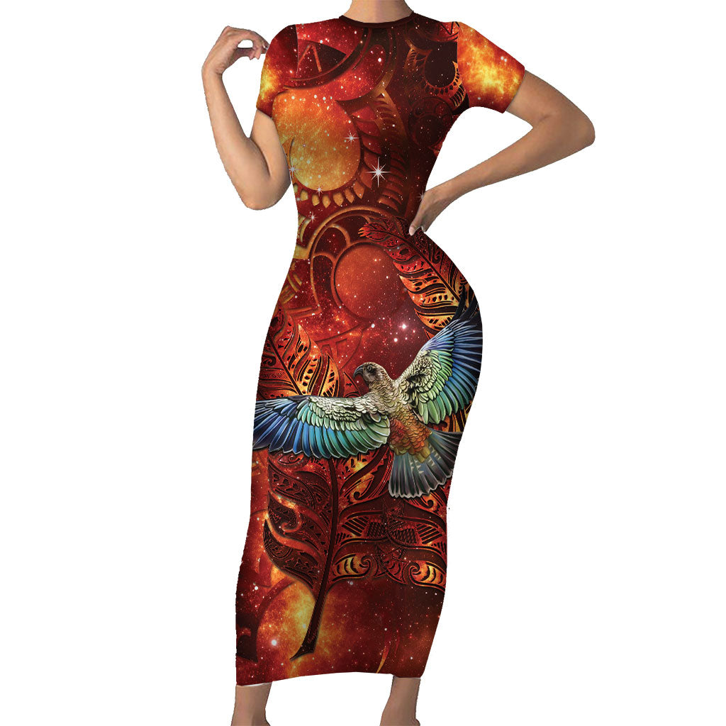 New Zealand Kea Bird Matariki Personalised Short Sleeve Bodycon Dress Silver Fern Maori Pattern
