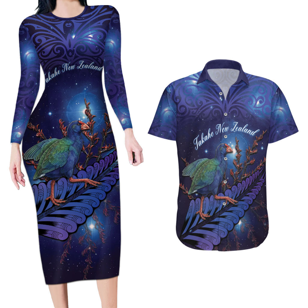 Takahe New Zealand Personalised Couples Matching Long Sleeve Bodycon Dress and Hawaiian Shirt Harakeke Silver Fern Maori Pattern