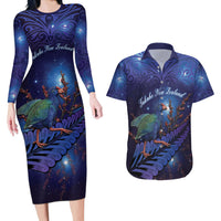 Takahe New Zealand Personalised Couples Matching Long Sleeve Bodycon Dress and Hawaiian Shirt Harakeke Silver Fern Maori Pattern