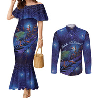 Takahe New Zealand Personalised Couples Matching Mermaid Dress and Long Sleeve Button Shirt Harakeke Silver Fern Maori Pattern