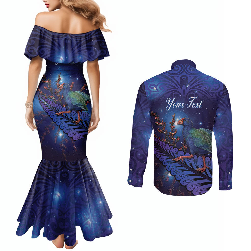 Takahe New Zealand Personalised Couples Matching Mermaid Dress and Long Sleeve Button Shirt Harakeke Silver Fern Maori Pattern