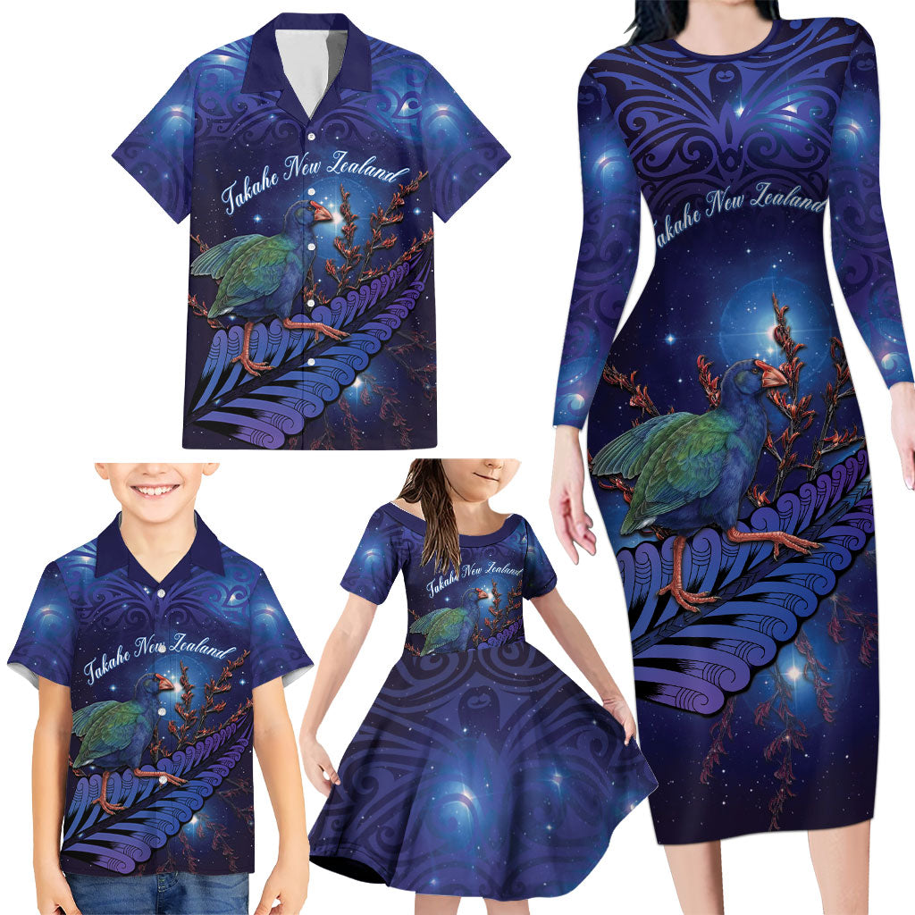 Takahe New Zealand Personalised Family Matching Long Sleeve Bodycon Dress and Hawaiian Shirt Harakeke Silver Fern Maori Pattern