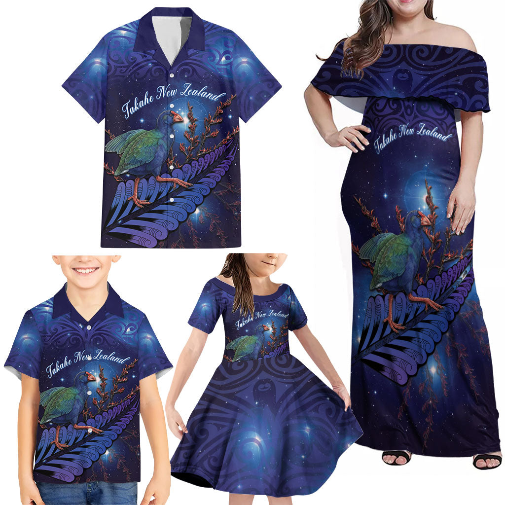 Takahe New Zealand Personalised Family Matching Off Shoulder Maxi Dress and Hawaiian Shirt Harakeke Silver Fern Maori Pattern