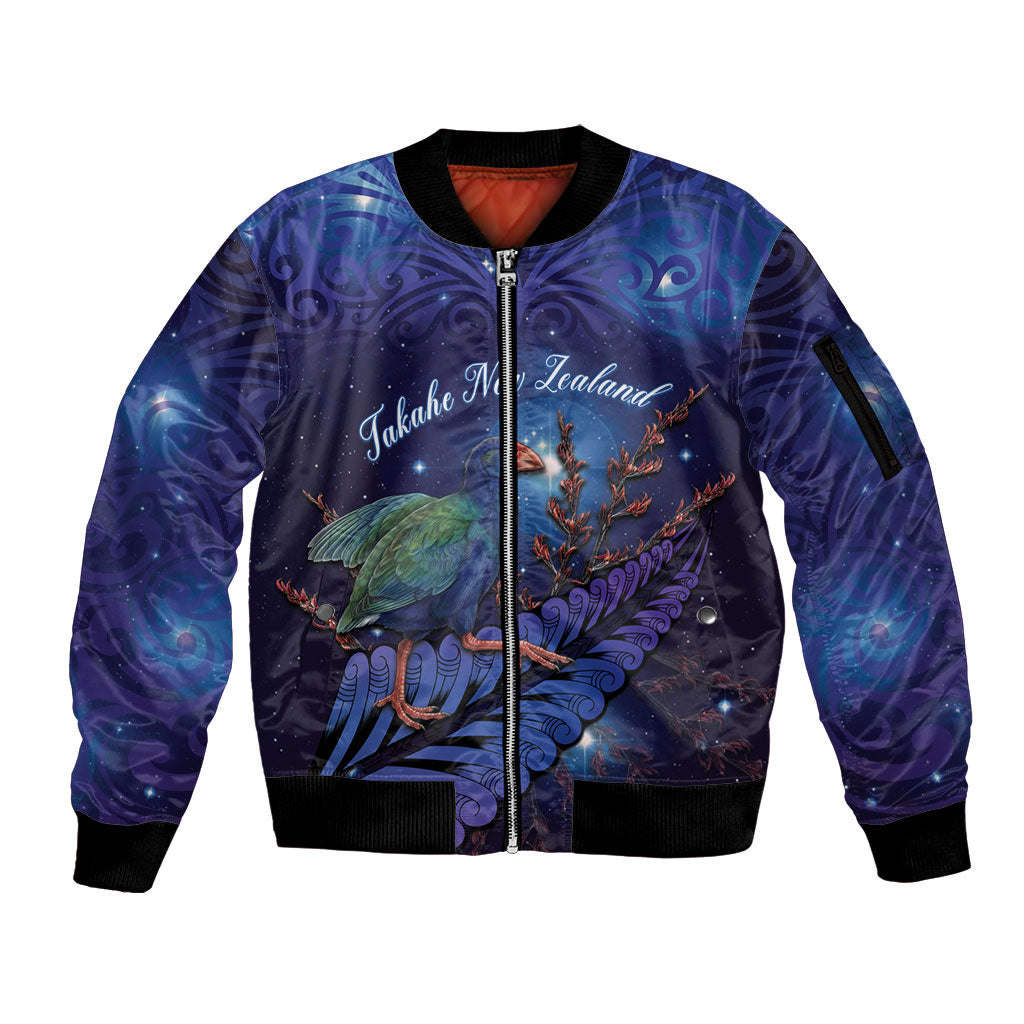 Takahe New Zealand Personalised Sleeve Zip Bomber Jacket Harakeke Silver Fern Maori Pattern