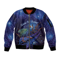 Takahe New Zealand Personalised Sleeve Zip Bomber Jacket Harakeke Silver Fern Maori Pattern