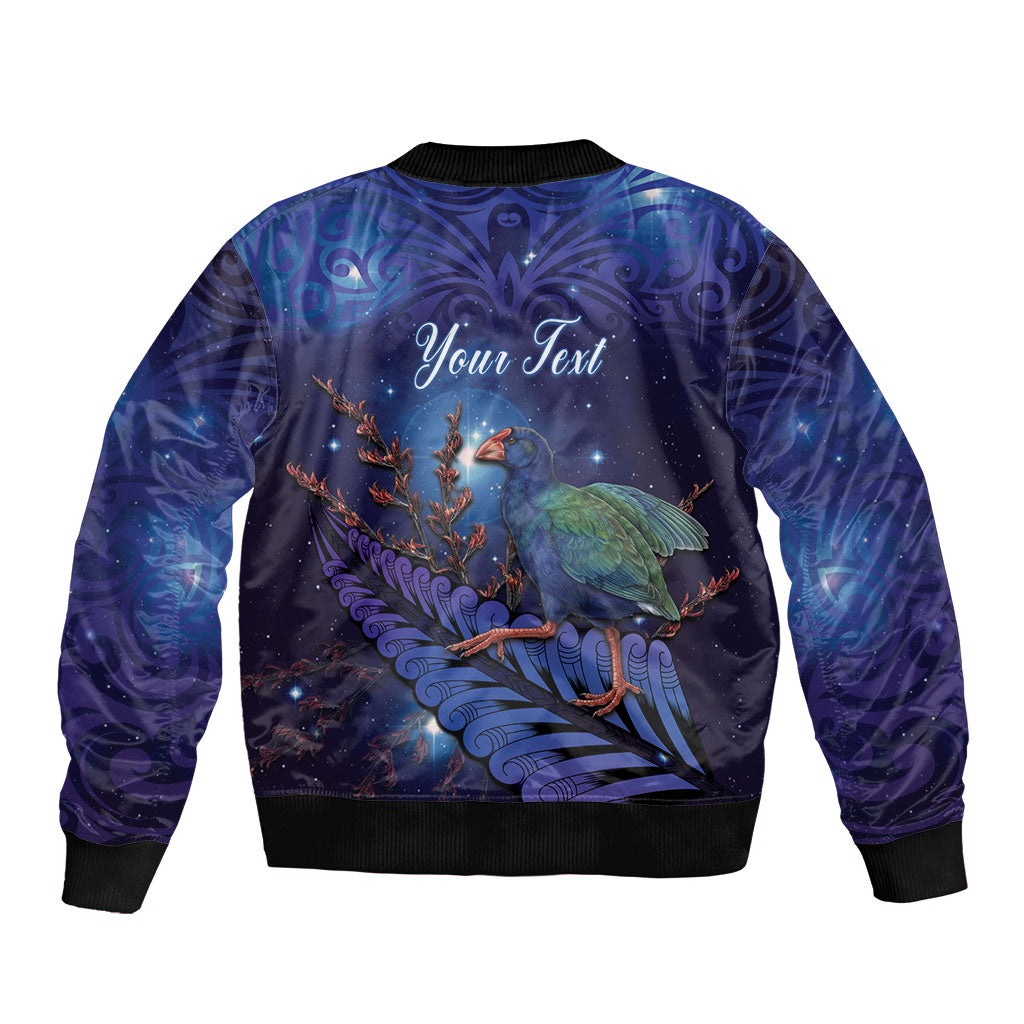 Takahe New Zealand Personalised Sleeve Zip Bomber Jacket Harakeke Silver Fern Maori Pattern