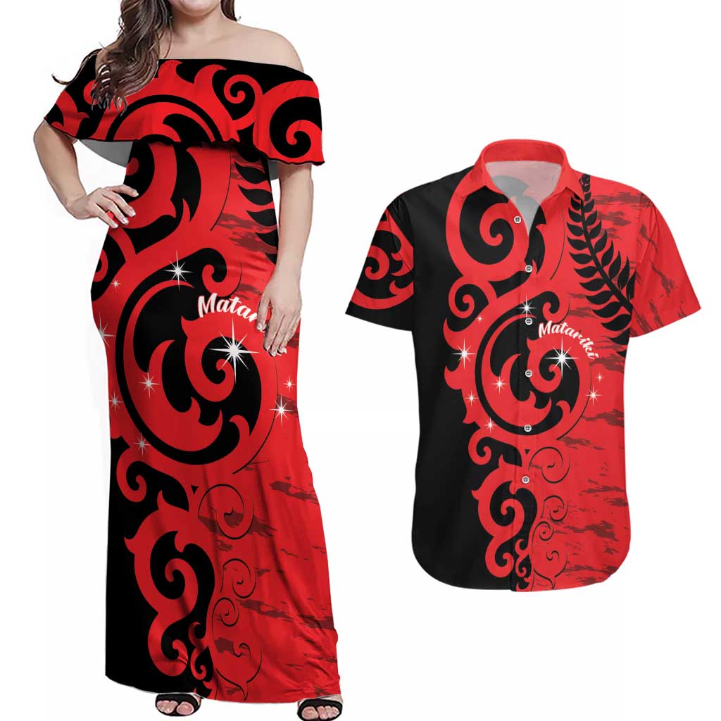 New Zealand Matariki Couples Matching Off Shoulder Maxi Dress and Hawaiian Shirt Maori New Year Koru Pattern