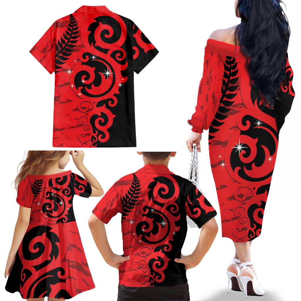 New Zealand Matariki Family Matching Off The Shoulder Long Sleeve Dress and Hawaiian Shirt Maori New Year Koru Pattern