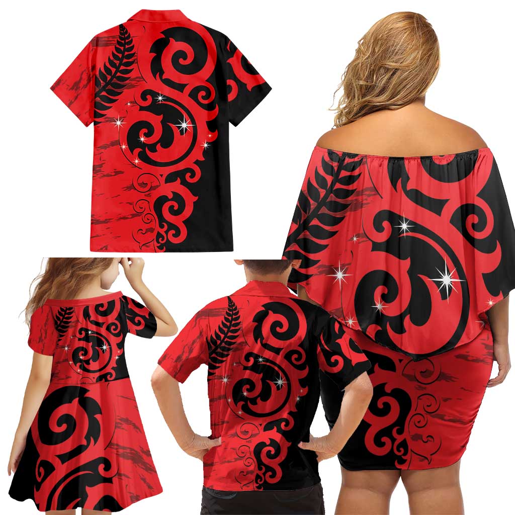 New Zealand Matariki Family Matching Off Shoulder Short Dress and Hawaiian Shirt Maori New Year Koru Pattern
