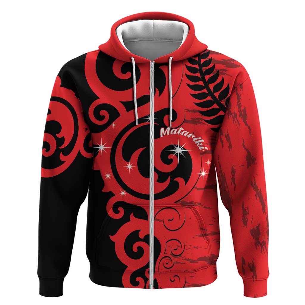 New Zealand Matariki Hoodie Maori New Year Koru Pattern LT22 Zip Hoodie Red - Polynesian Pride
