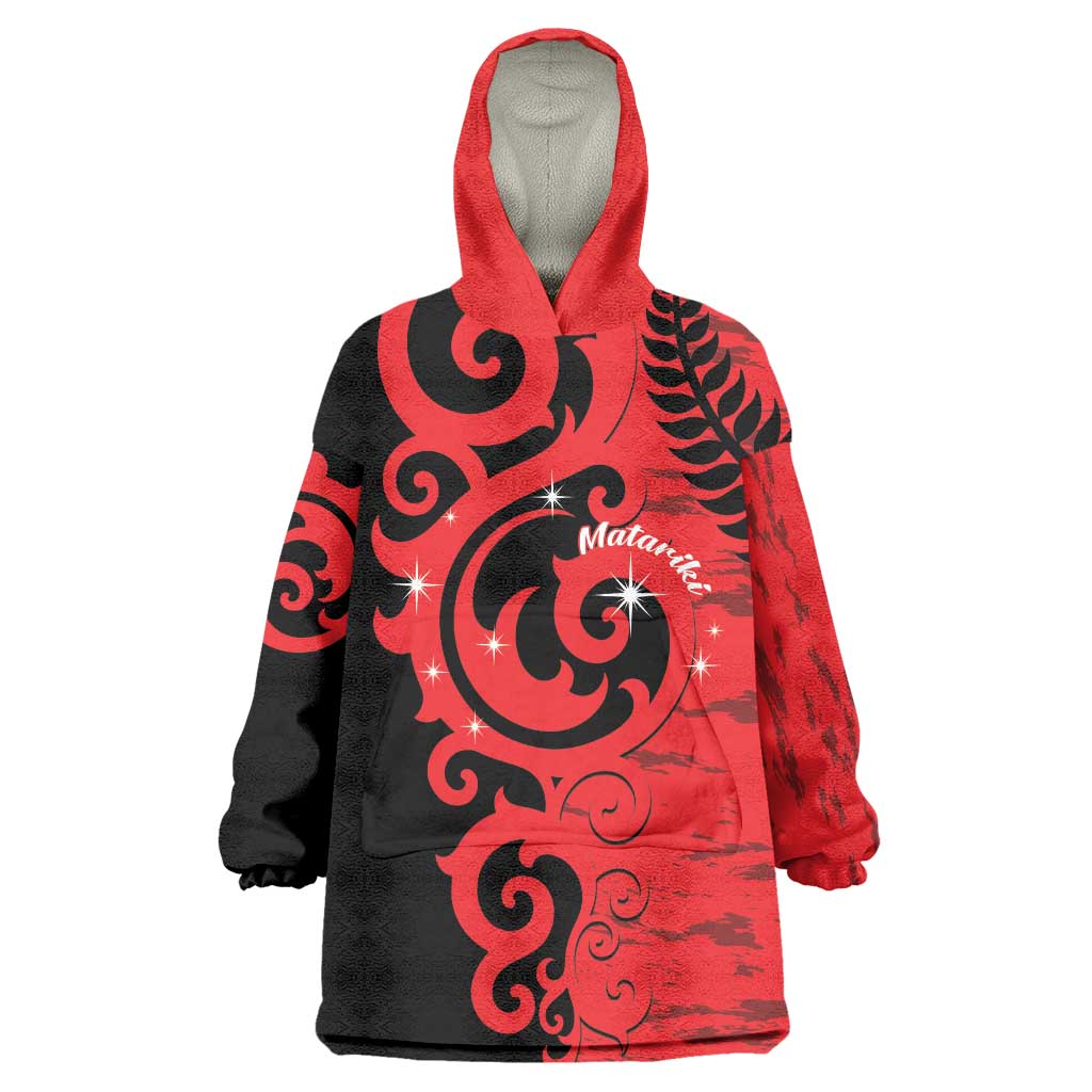 New Zealand Matariki Wearable Blanket Hoodie Maori New Year Koru Pattern LT22 One Size Red - Polynesian Pride