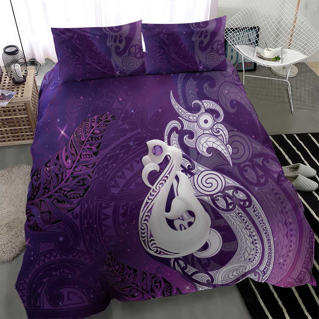 New Zealand Matariki Bedding Set Maori Manaia Galaxy Silver Fern Purple Color