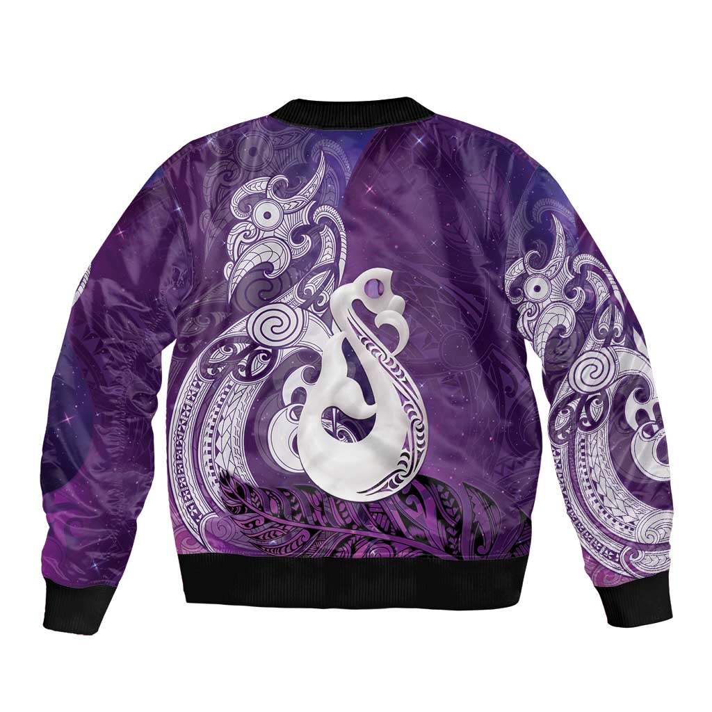 New Zealand Matariki Bomber Jacket Maori Manaia Galaxy Silver Fern Purple Color