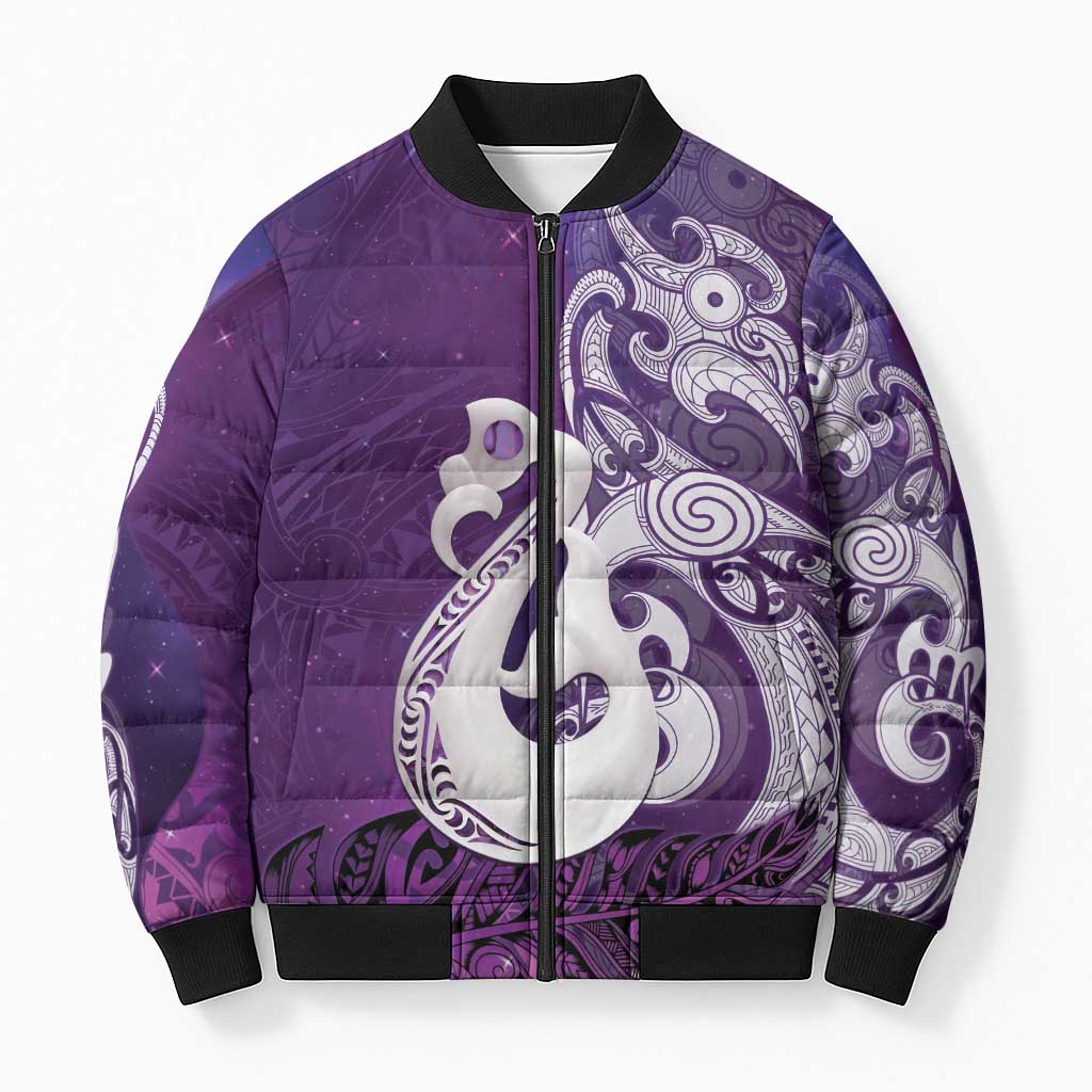New Zealand Matariki Bomber Puffer Jacket Maori Manaia Galaxy Silver Fern Purple Color
