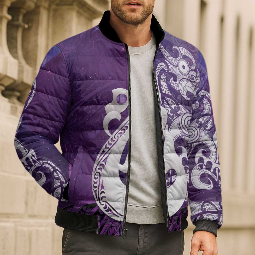 New Zealand Matariki Bomber Puffer Jacket Maori Manaia Galaxy Silver Fern Purple Color