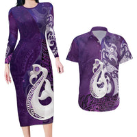 New Zealand Matariki Couples Matching Long Sleeve Bodycon Dress and Hawaiian Shirt Maori Manaia Galaxy Silver Fern Purple Color