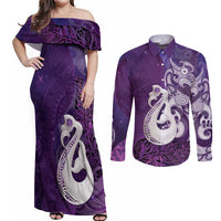 New Zealand Matariki Couples Matching Off Shoulder Maxi Dress and Long Sleeve Button Shirt Maori Manaia Galaxy Silver Fern Purple Color