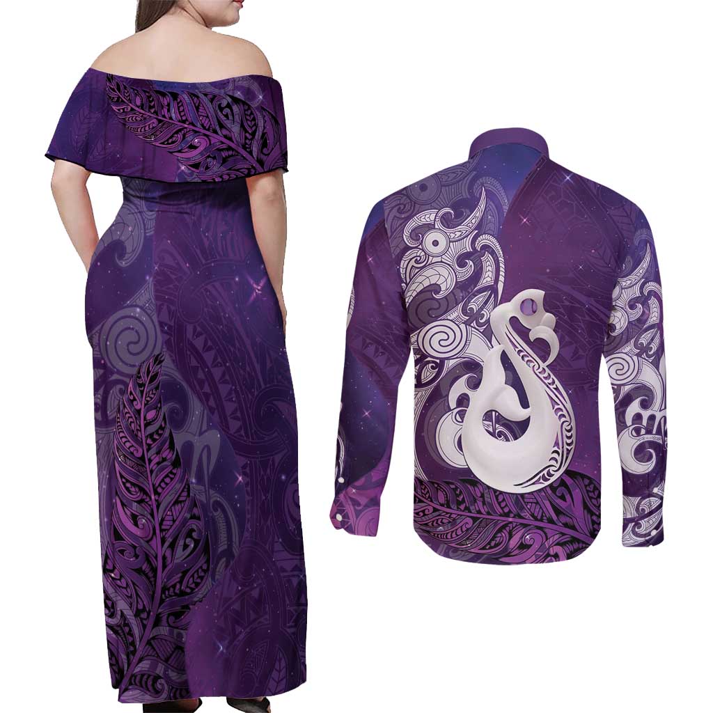 New Zealand Matariki Couples Matching Off Shoulder Maxi Dress and Long Sleeve Button Shirt Maori Manaia Galaxy Silver Fern Purple Color