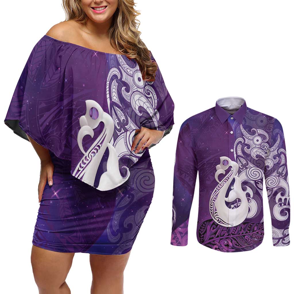 New Zealand Matariki Couples Matching Off Shoulder Short Dress and Long Sleeve Button Shirt Maori Manaia Galaxy Silver Fern Purple Color