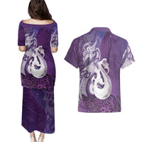 New Zealand Matariki Couples Matching Puletasi and Hawaiian Shirt Maori Manaia Galaxy Silver Fern Purple Color