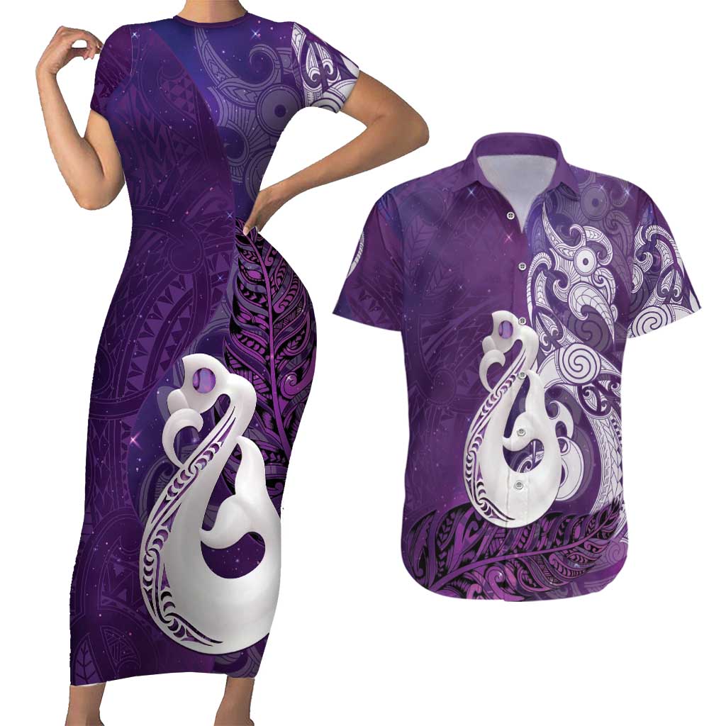 New Zealand Matariki Couples Matching Short Sleeve Bodycon Dress and Hawaiian Shirt Maori Manaia Galaxy Silver Fern Purple Color