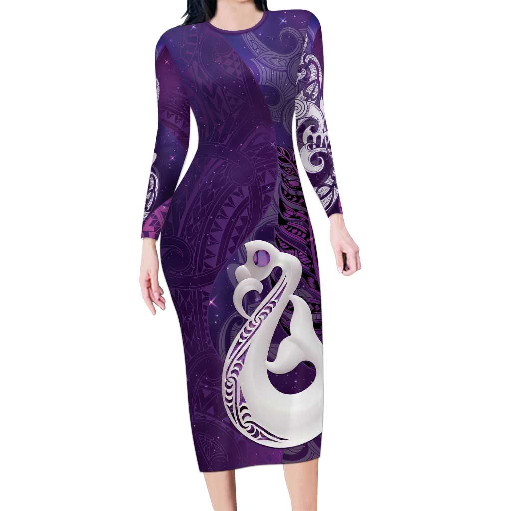 New Zealand Matariki Family Matching Long Sleeve Bodycon Dress and Hawaiian Shirt Maori Manaia Galaxy Silver Fern Purple Color