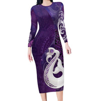 New Zealand Matariki Family Matching Long Sleeve Bodycon Dress and Hawaiian Shirt Maori Manaia Galaxy Silver Fern Purple Color