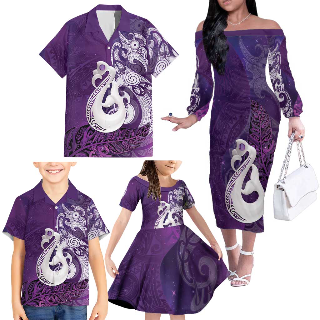 New Zealand Matariki Family Matching Off The Shoulder Long Sleeve Dress and Hawaiian Shirt Maori Manaia Galaxy Silver Fern Purple Color