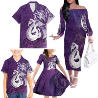New Zealand Matariki Family Matching Off The Shoulder Long Sleeve Dress and Hawaiian Shirt Maori Manaia Galaxy Silver Fern Purple Color
