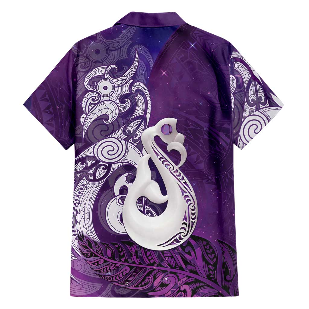 New Zealand Matariki Family Matching Off The Shoulder Long Sleeve Dress and Hawaiian Shirt Maori Manaia Galaxy Silver Fern Purple Color
