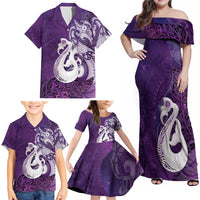 New Zealand Matariki Family Matching Off Shoulder Maxi Dress and Hawaiian Shirt Maori Manaia Galaxy Silver Fern Purple Color