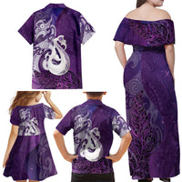 New Zealand Matariki Family Matching Off Shoulder Maxi Dress and Hawaiian Shirt Maori Manaia Galaxy Silver Fern Purple Color