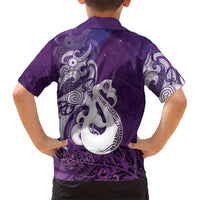 New Zealand Matariki Family Matching Off Shoulder Short Dress and Hawaiian Shirt Maori Manaia Galaxy Silver Fern Purple Color